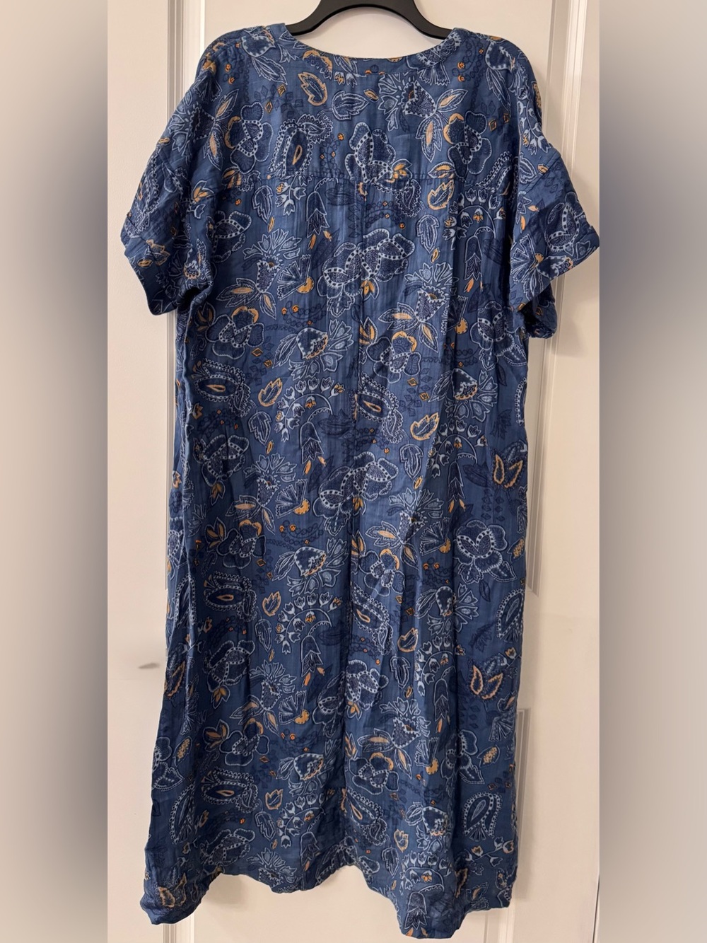 #z284 Wonderly Blue & Gold Floral Paisley Gauze Button Front Shirt Dress Pockets - Picture 2 of 5